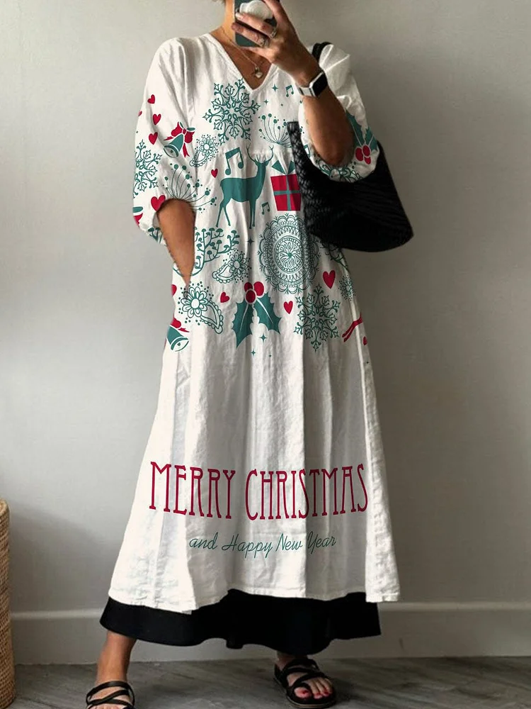 Winter Christmas Reindeer and Snowflakes Decorative Pattern Pocket V-neck Cotton Dress