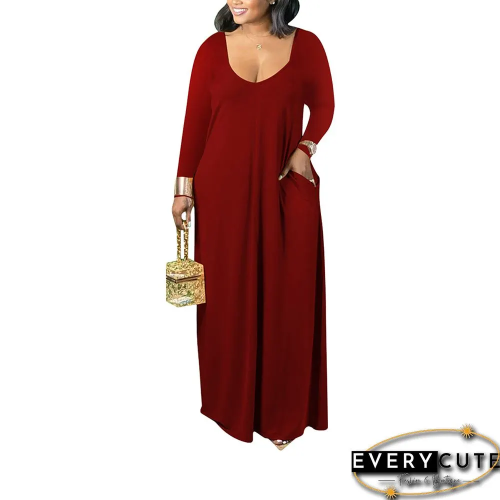 Wine Red V Neck Long Sleeve Maxi Dress