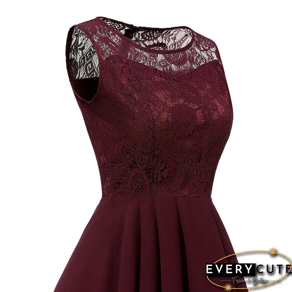 Wine Red Lace Contrast Chiffon Sleeveless Prom Dress