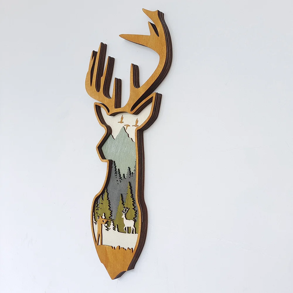 Purexcellent&trade; New creative home desktop wood carving elk head handicraft decoration