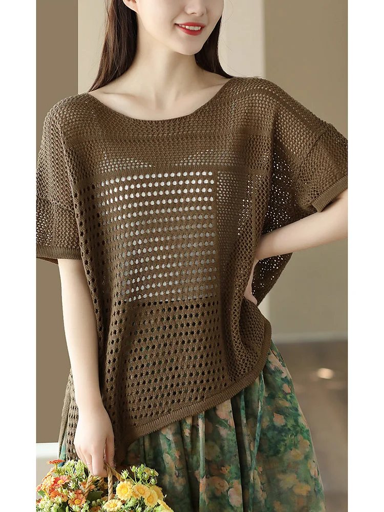 Women Casual Solid Irregular Hem Knitted Hollow Out Shirt