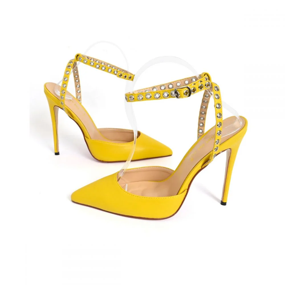 Pointed Toe Sandals Yellow Ankle Strap High Heels for Women Nicepairs