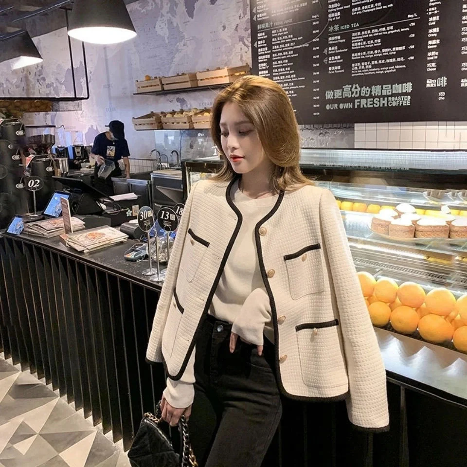 Korean Female white Tweed Jacket Coat Women Outerwear Coats Channel Style Za Suit Cropped Stripeed Kawaii Round Neck Casual