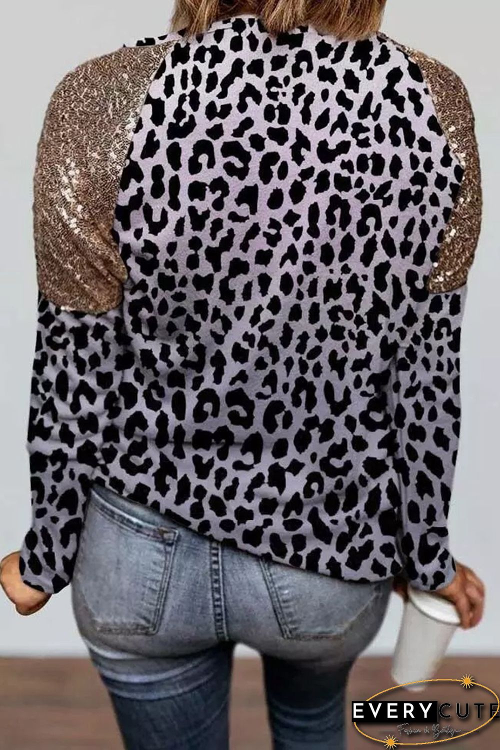 Sequin Shoulder Splicing Leopard Long Sleeve Top