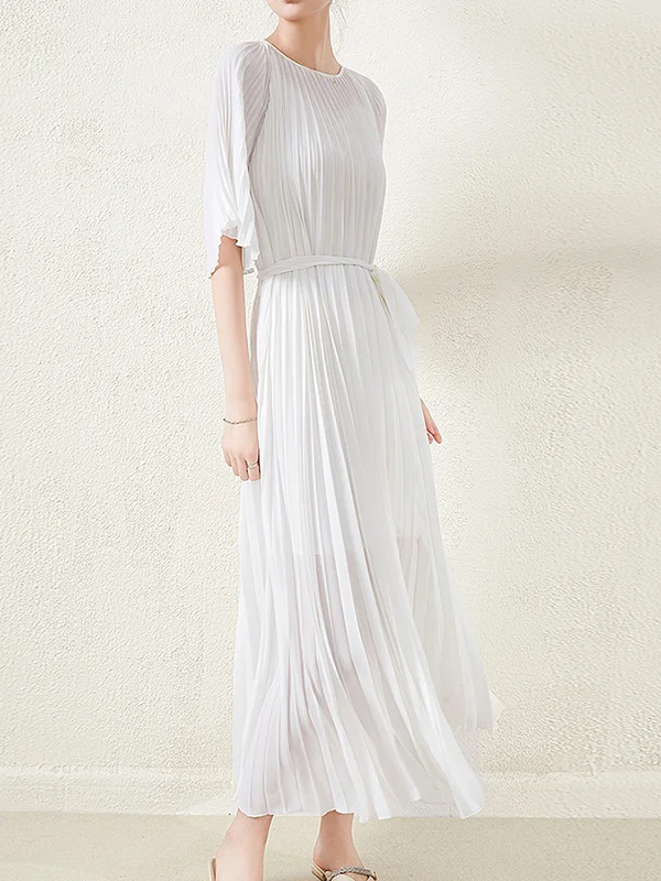 Loose Pleated With Waistband Solid Color Round-Neck Maxi Dresses
