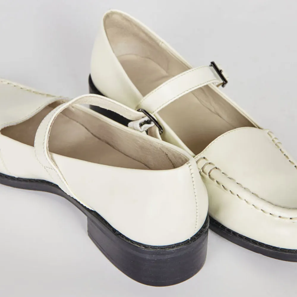 White Round Toe Low Block Heel Buckle Women Mary Jane Shoes
