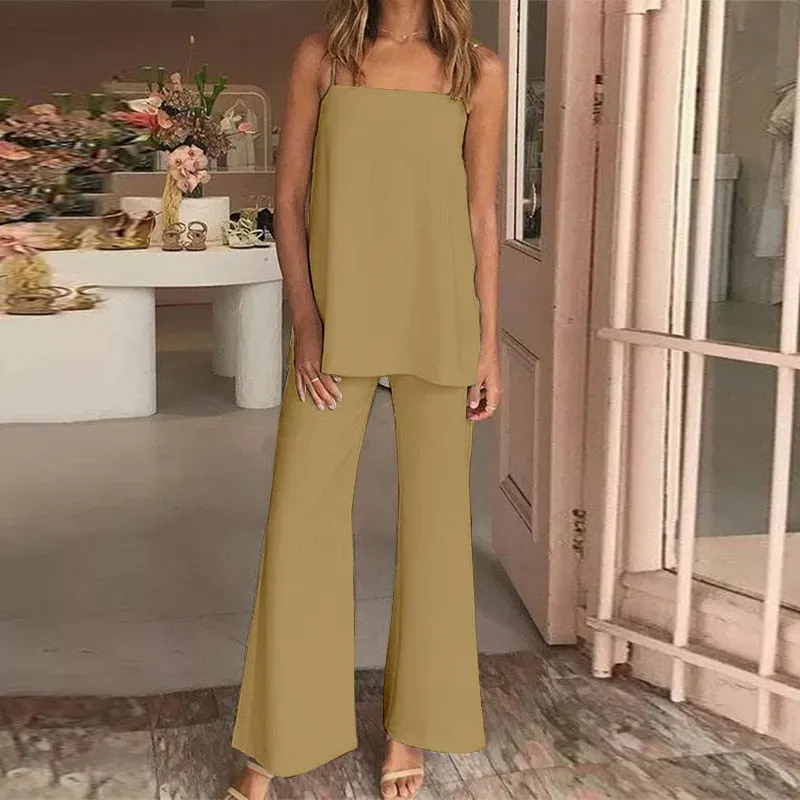 New Fashion Trousers Sets 2 PCS Celmia Women 2022 Sleeveless Straps Tops and Flared Pant Summer Sexy Solid Work Matching Suits