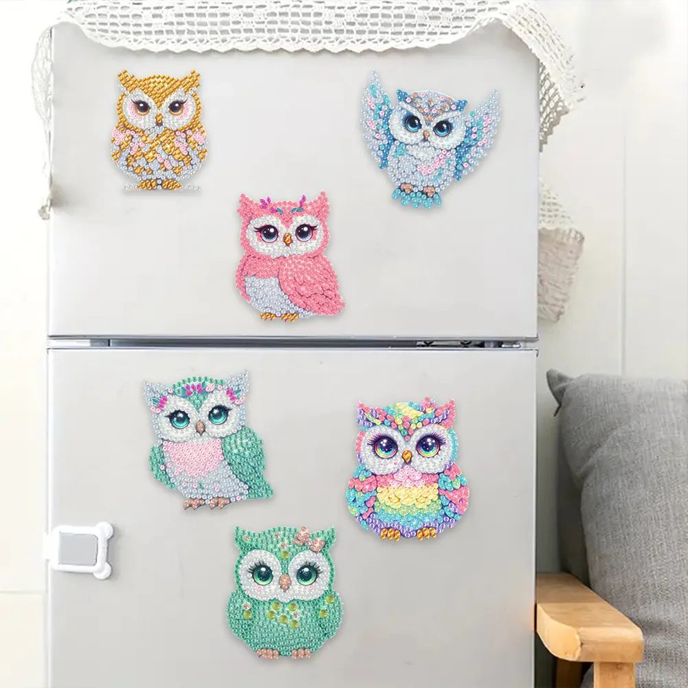 6Pcs Acrylic Owl DIY Diamond Painting Fridge Stickers for Home Kitchen