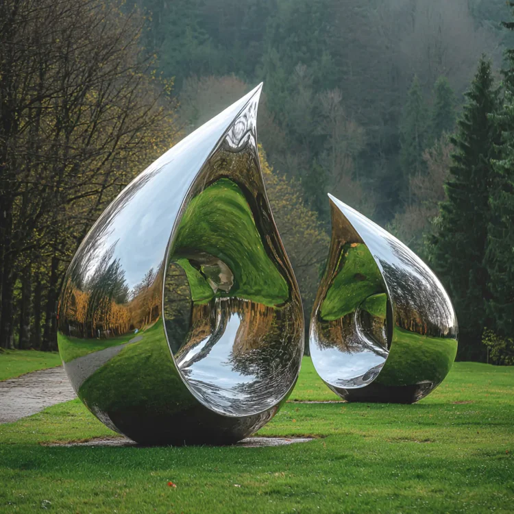 Gleaming Stainless Steel Teardrop Sculptures with Reflective Mirror Finish for Outdoor Art Displays