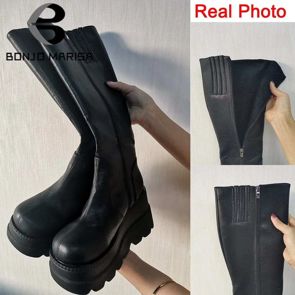 BONJOMARISA ladies fashion platform boots chunky heel wedges mid calf women  boots casual brand thick bottom winter shoes woman