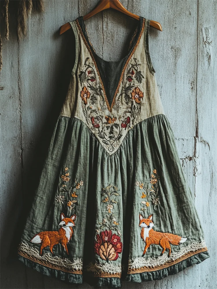 Vintage Fox Floral Embroidered Patchwork Linen Dress