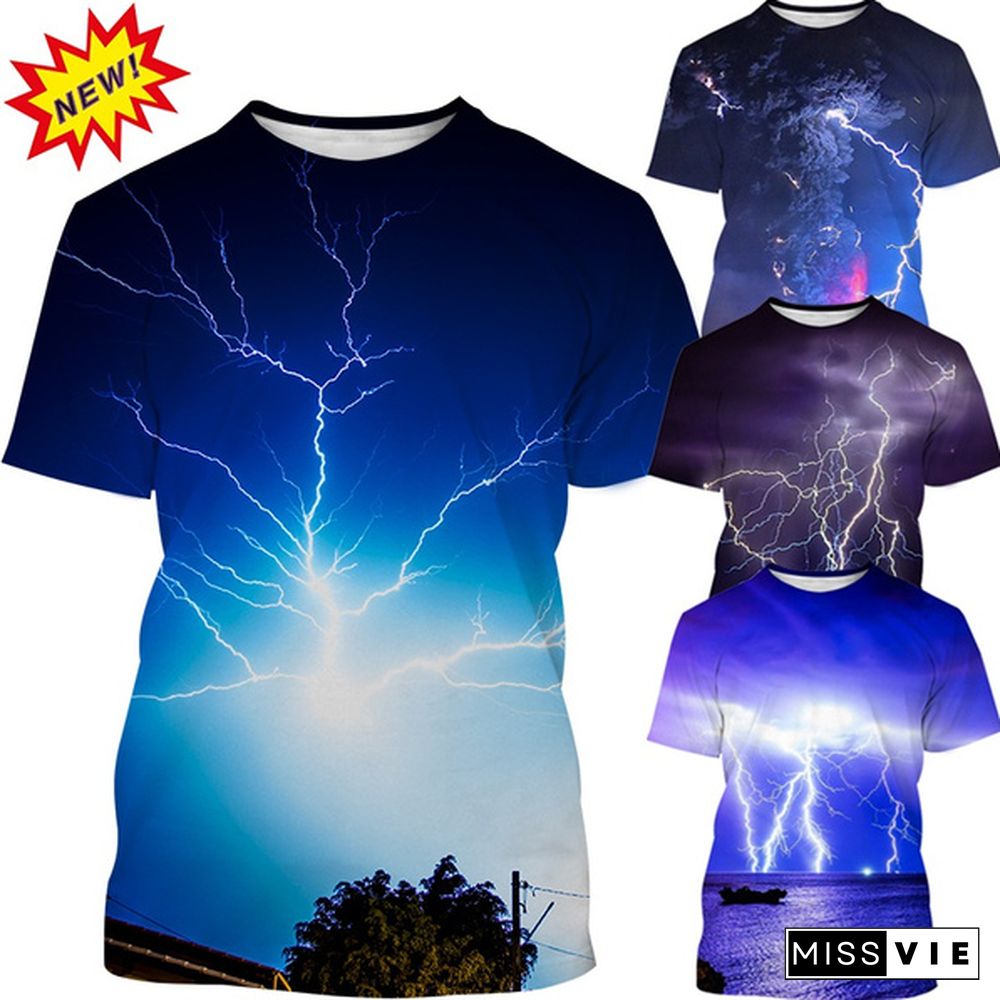 New Creative Design Lightning 3D Printing T-shirt Fashion Unisex Personality Natural Phenomenon Pattern Casual Round Neck Short-sleeved T-shirt Top