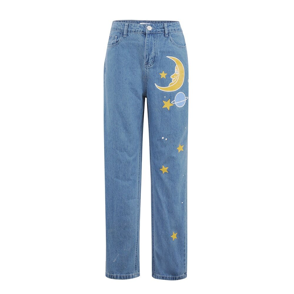 Straight Women's Cute Jeans Baggy Vintage High Waist Moon Star Pattern Young Girls Denim Pants Streetwear 2020 Female Long Jeans