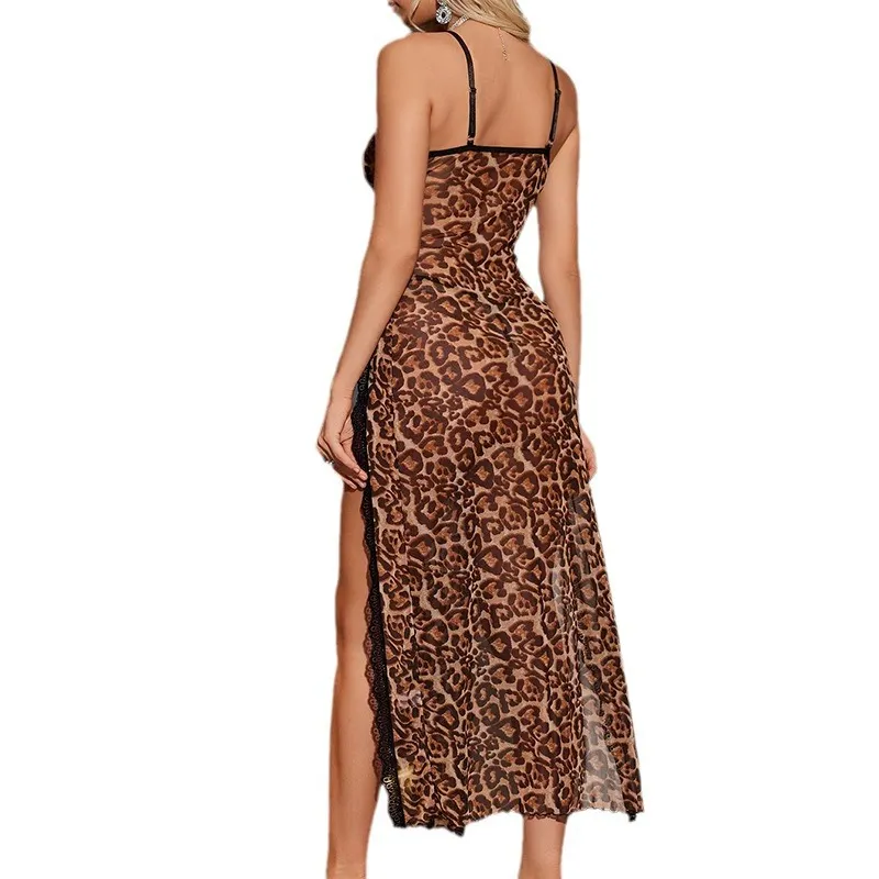 Churchf Sex Lingerie Budding Long Dress Pajamas Set Sexy Open Leopard Lace Lace Back Aja Skirt