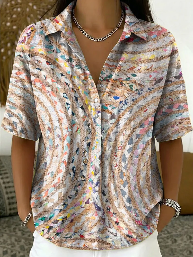 Women's Vintage Botanical Floral Casual Polo Collar Short-sleeved Linen And Cotton Shirt
