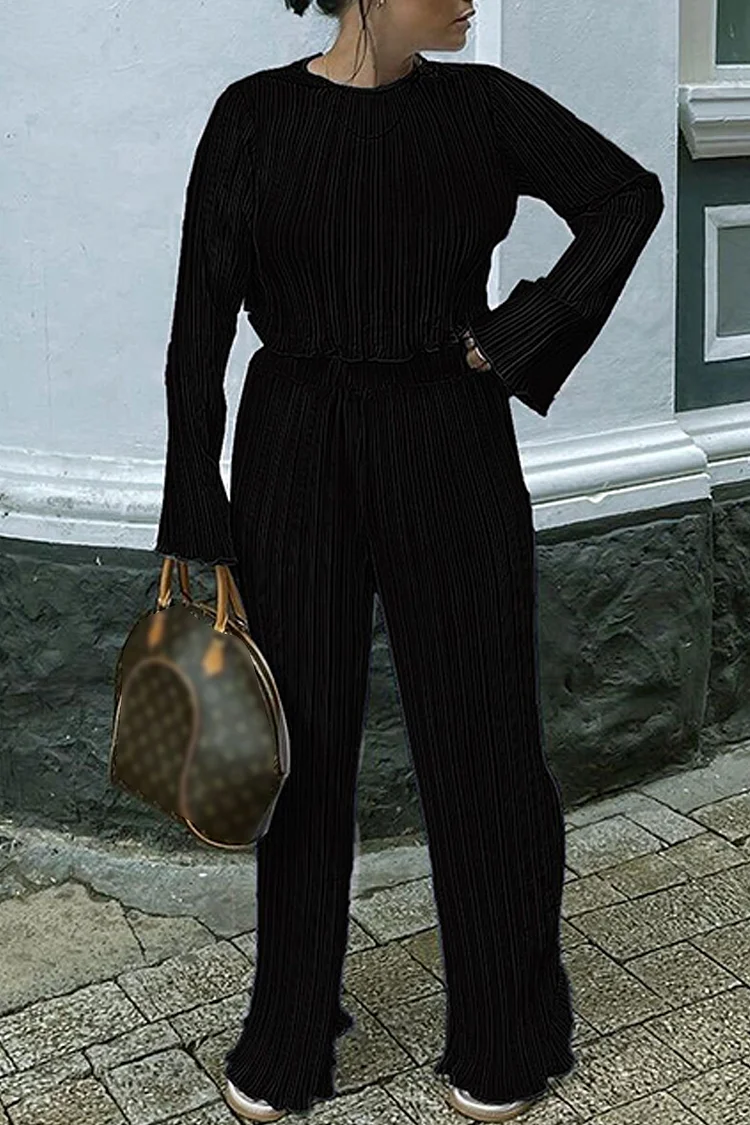 Black Fashion Casual Solid Patchwork O Neck Long Sleeve Two Pieces