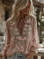 Women's Bohemian Style Pink Rose Art Linen Blend T-shirt