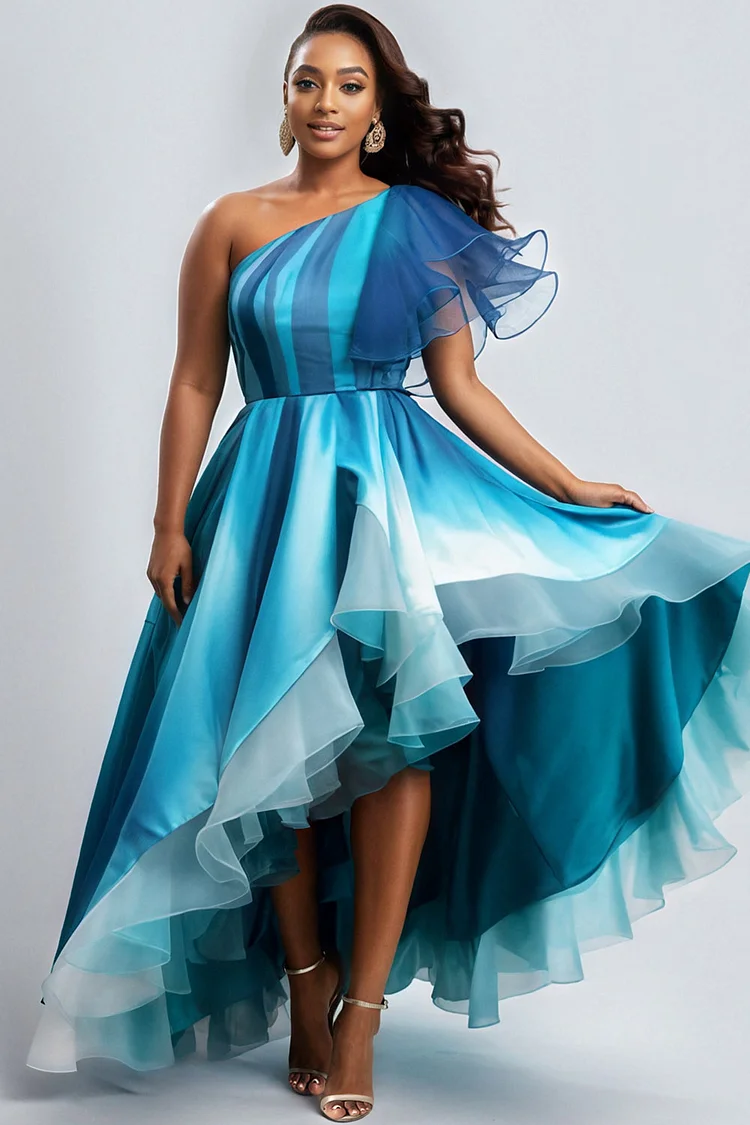Xpluswear Design Plus Size Prom Blue Gradient One Shoulder Asymmetric Hem Midi Dresses [Pre-Order] 2024 - Xpluswear