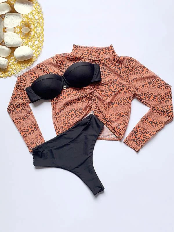 Leopard Print Net Yarn Long Sleeve Three-Piece Bikini Swimsuit