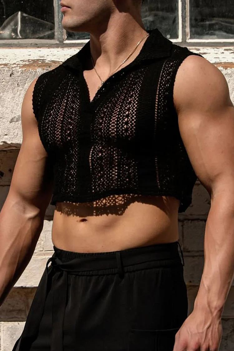 Men's Lace Mesh See Through Sleeveless Black Crop Top [Pre-Order]