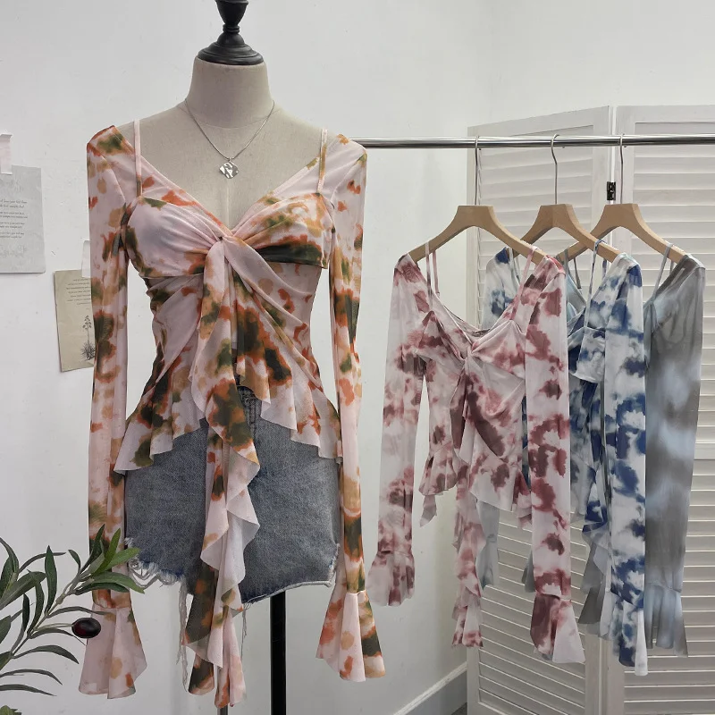 Uveng Irregular Kinking Of The Net Yarn Irregularly Kinked Lotus Lobe Slings Shoulder Horn Sleeve T-Shirt Short Top 2618