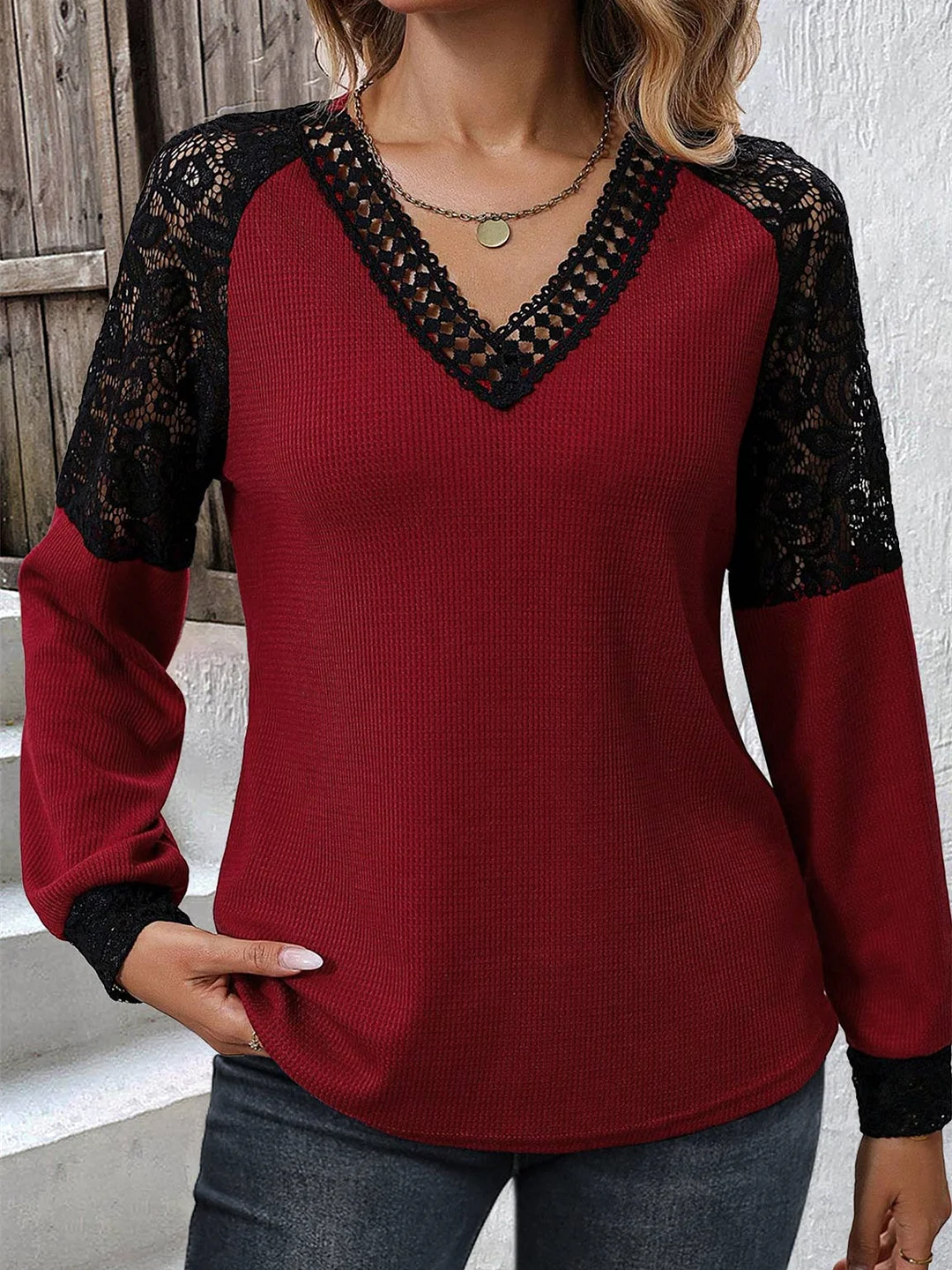 Women Long Sleeve V-neck Solid Lace Tops