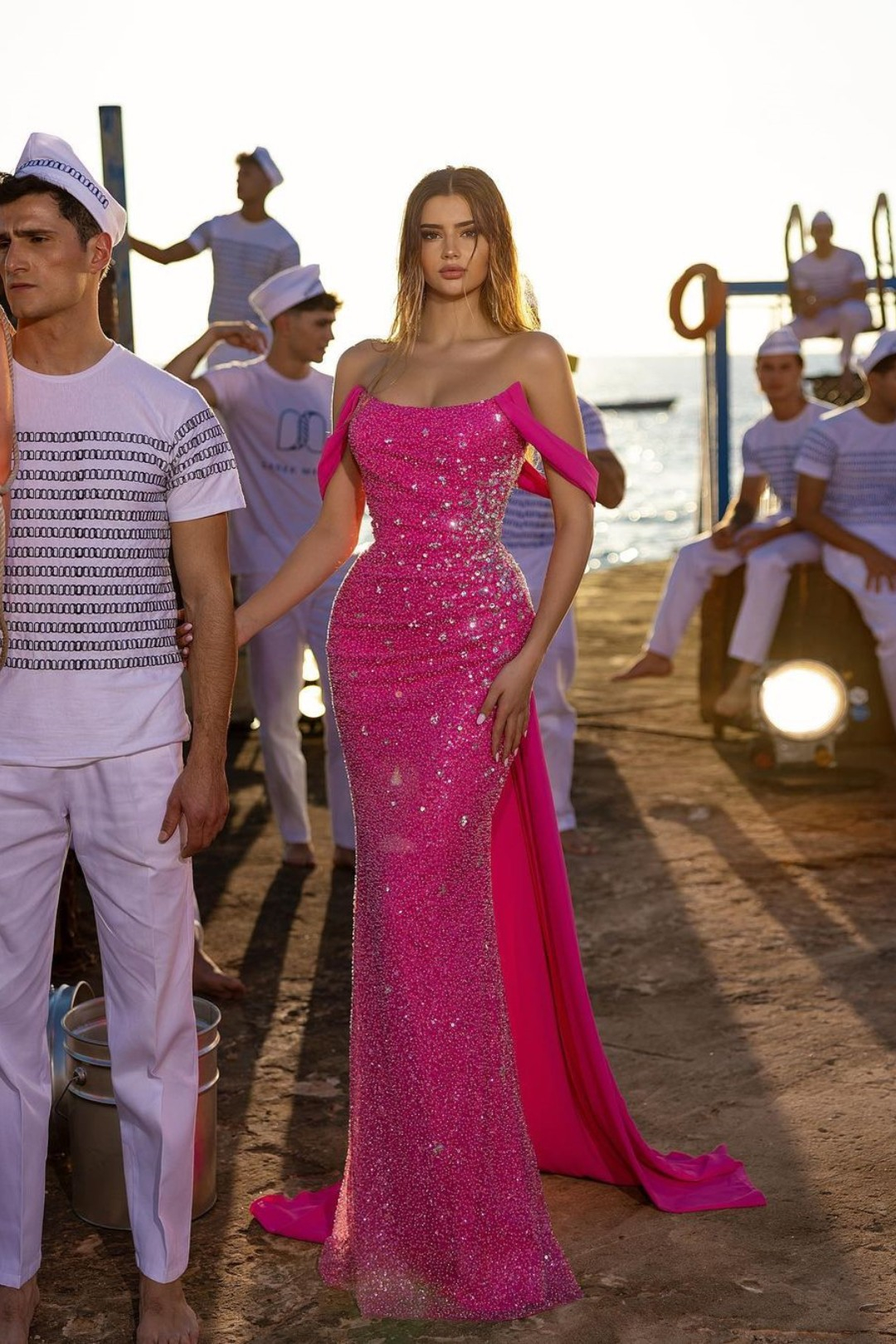 Bellasprom Fuchsia Strapless Off-The-Shoulder Mermaid Prom Dress With Sequins Beads Bellasprom