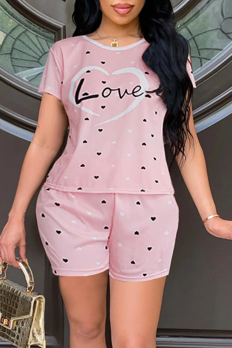 Pink Fashion Casual Print Basic O Neck Short Sleeve Two Pieces