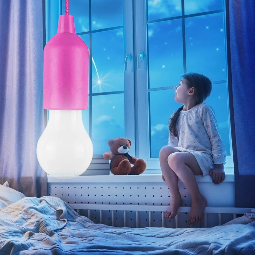 LED Hanging Light Bulb Battery Powered Colorful Pull Cord Bulbs (Rose Red)