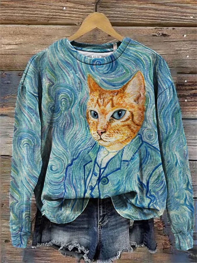 Women's Casual Kitten Van Print Long Sleeve Sweatshirt socialshop