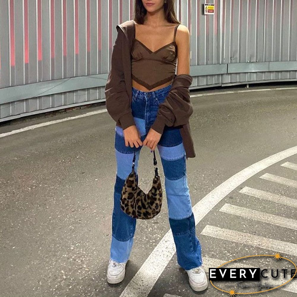 Patchwork Stitch Color Block Slim Fit Straight Leg Jeans Ripped Denim Pants