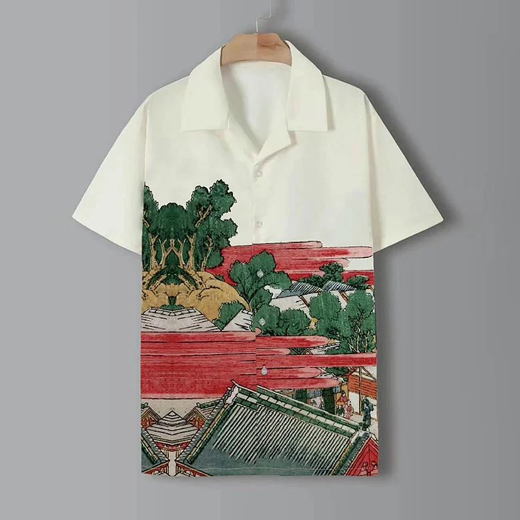 BrosWear Holiday Mountain Village Oil Painting Short Sleeve Shirt