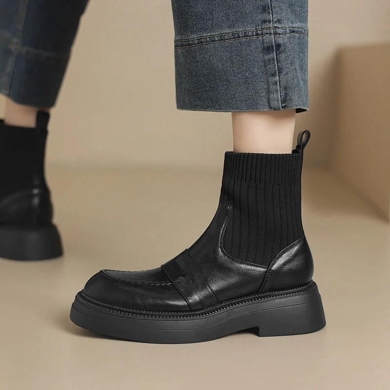 Breakj Breakj Plus Size Boots Vintage Knit Wool Thin Boots Thick Heel Short Boots Women Autumn And Winter New Platform Elastic Socks Boots