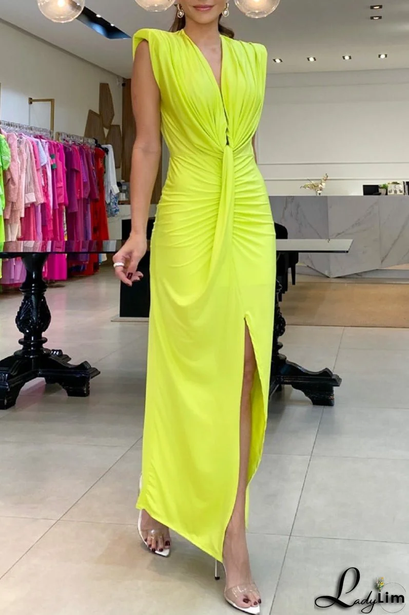 Sexy Solid Slit Fold V Neck One Step Skirt Dresses(5 Colors)