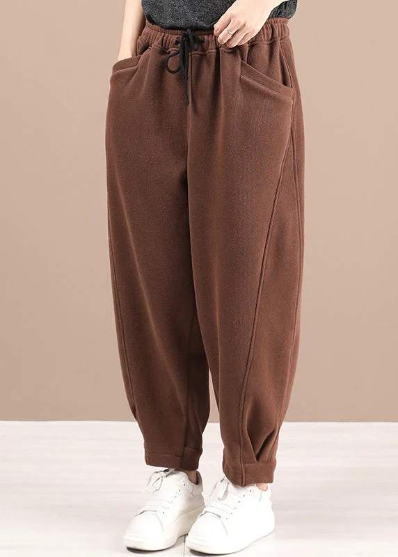 Plus Size Coffee Pockets Elastic Waist Warm Fleece Pants Winter