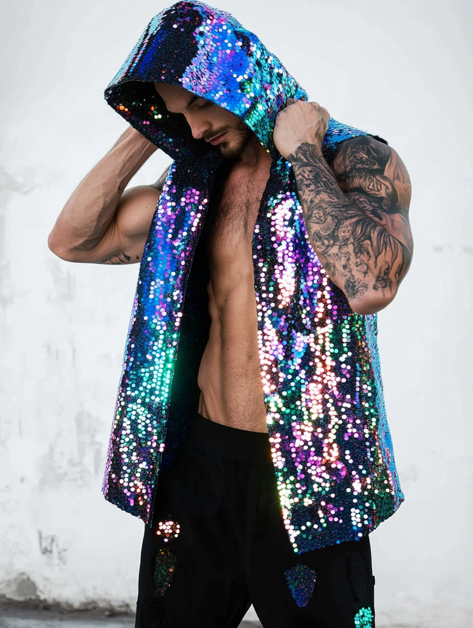 Men's Rainbow Sequin Vest With Hood