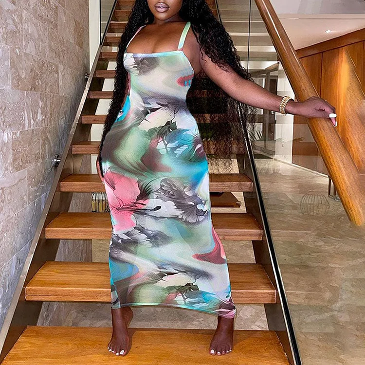 Print Sheer Mesh Spaghetti Strap Maxi Dress - IRBOOM Fashion Clothing