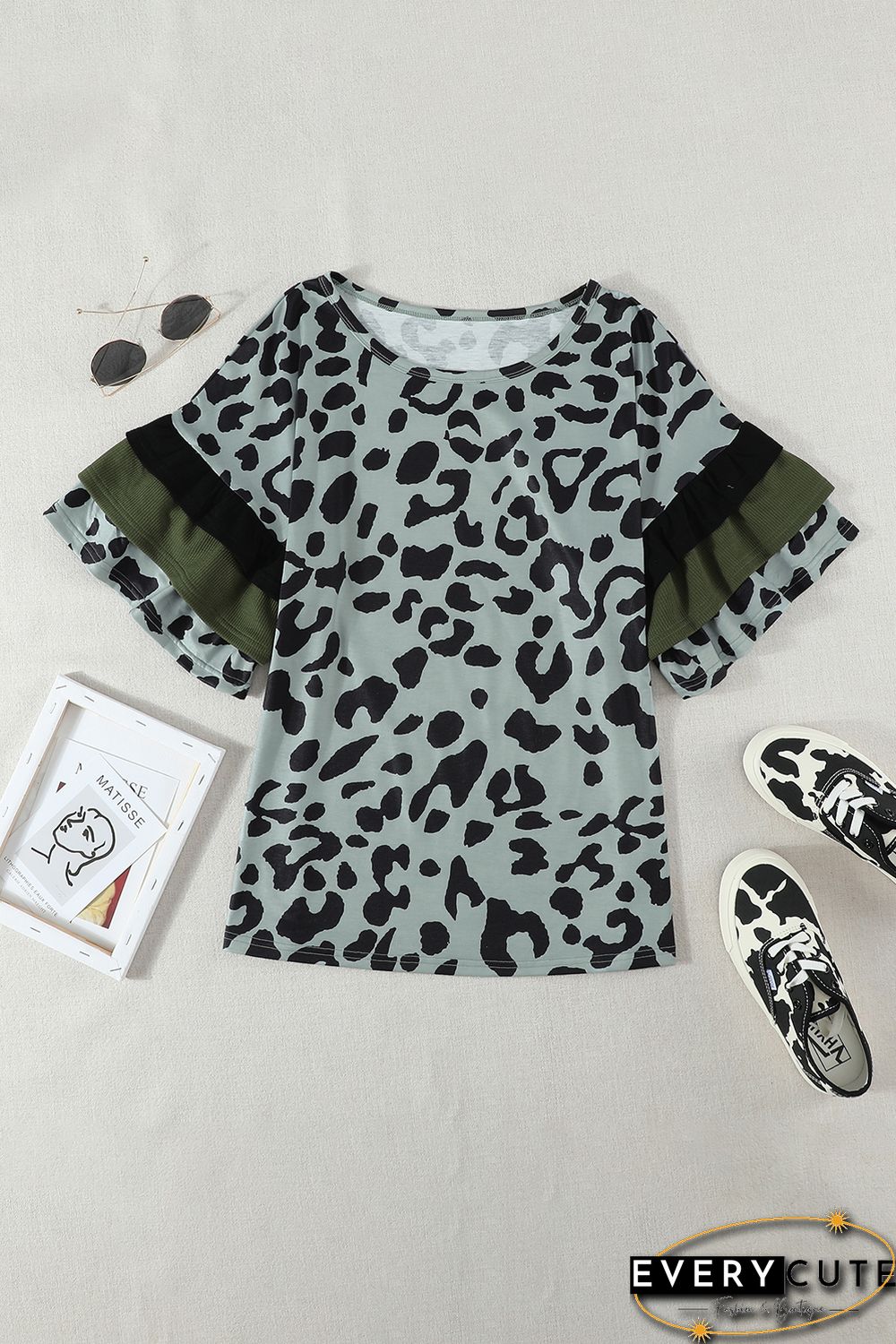 Olive Green Leopard Ruffled Sleeves Top