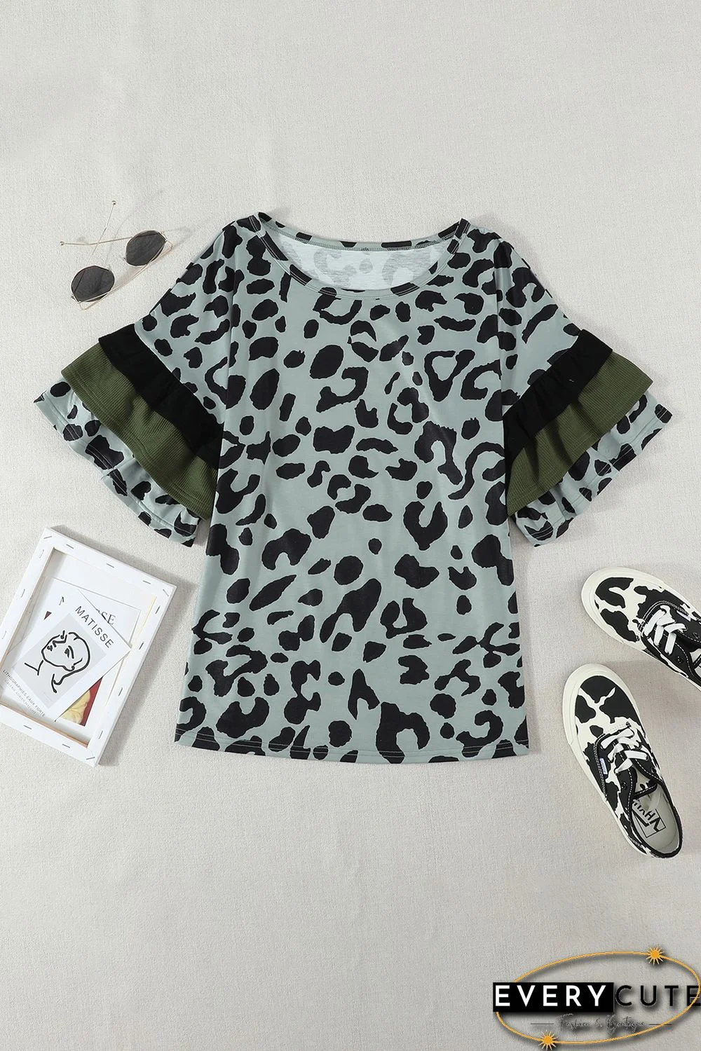 Olive Green Leopard Ruffled Sleeves Top