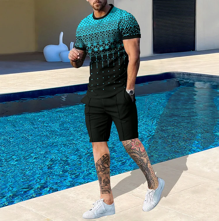 BrosWear Men's Geometric Gradient Holiday Casual T-Shirt And Short Co-Ord