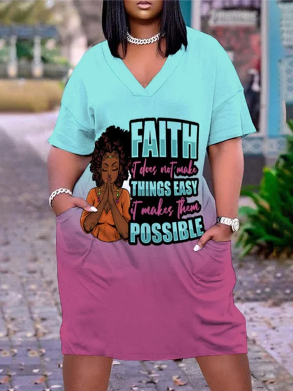 Digital Print V-Neck Casual Pocket Dress