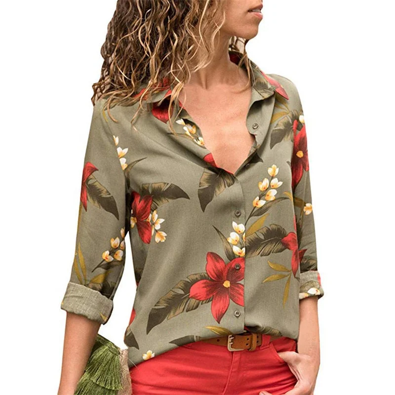 Aachoae Womens Tops and Blouses 2021 Summer Floral Print Blouse Long Sleeve Turn Down Collar Office Shirt Blusas Mujer Plus Size