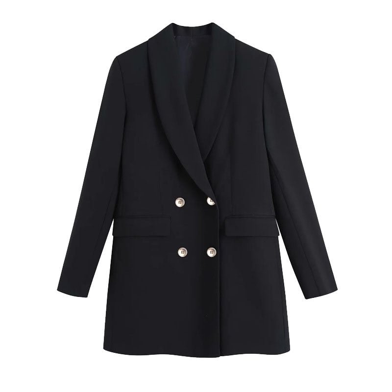 TRAF Women Fashion Double-Breasted Blazer Coat Vintage Long Sleeve Pockets Female Outerwear Chic Veste Femme