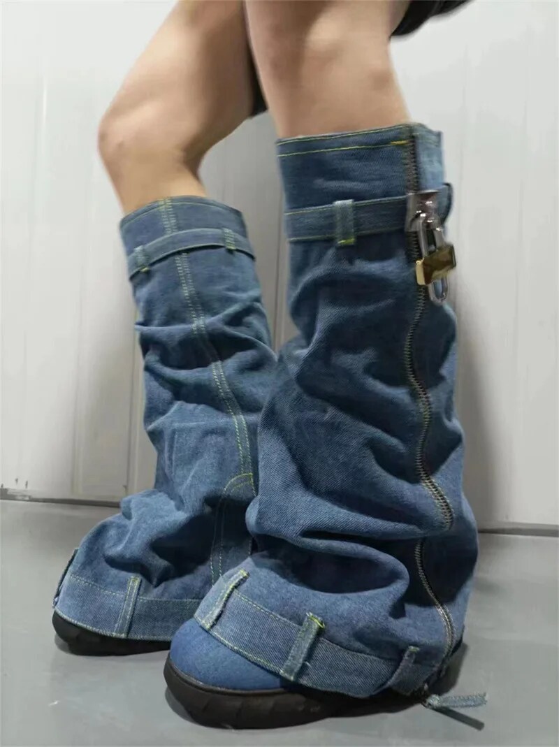 VCSHOES Thick-Soled Cowboy Boots Skirt Shark Round Head Pants Boots Large Size Long Tube Belt Buckle Wedge Women's Knee High Boots