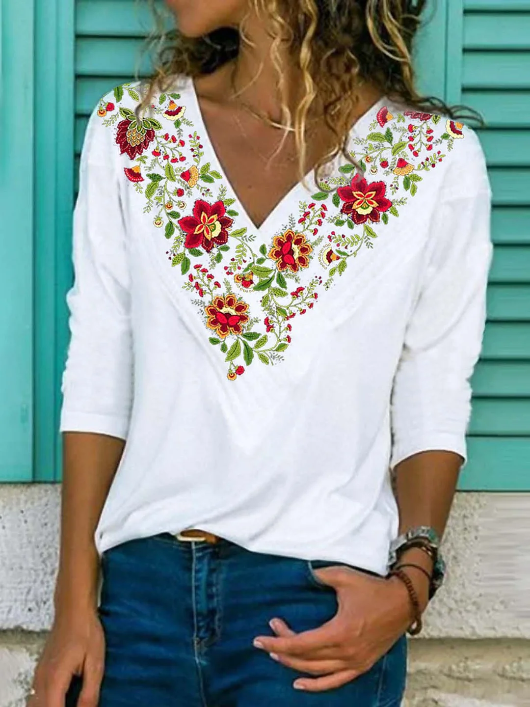 Floral Half Sleeve Printed Cotton-blend V neck Vintage Summer White Top
