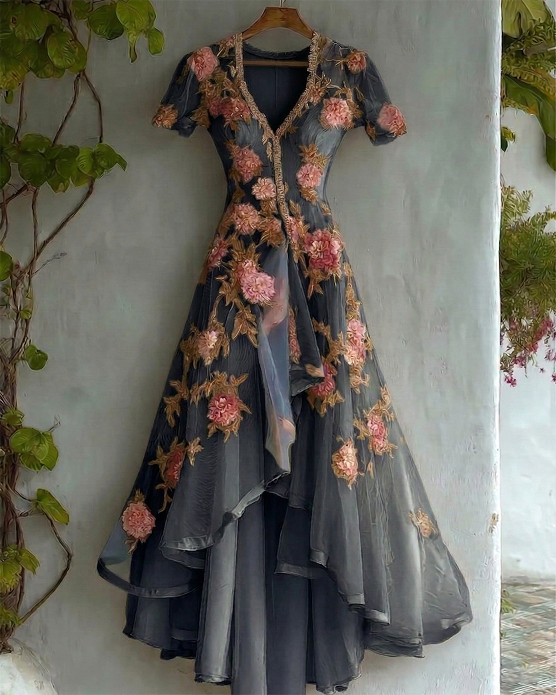 Women's Retro Elegant Gradient Flowers Irregular Ruffle Linen Dress wearshes