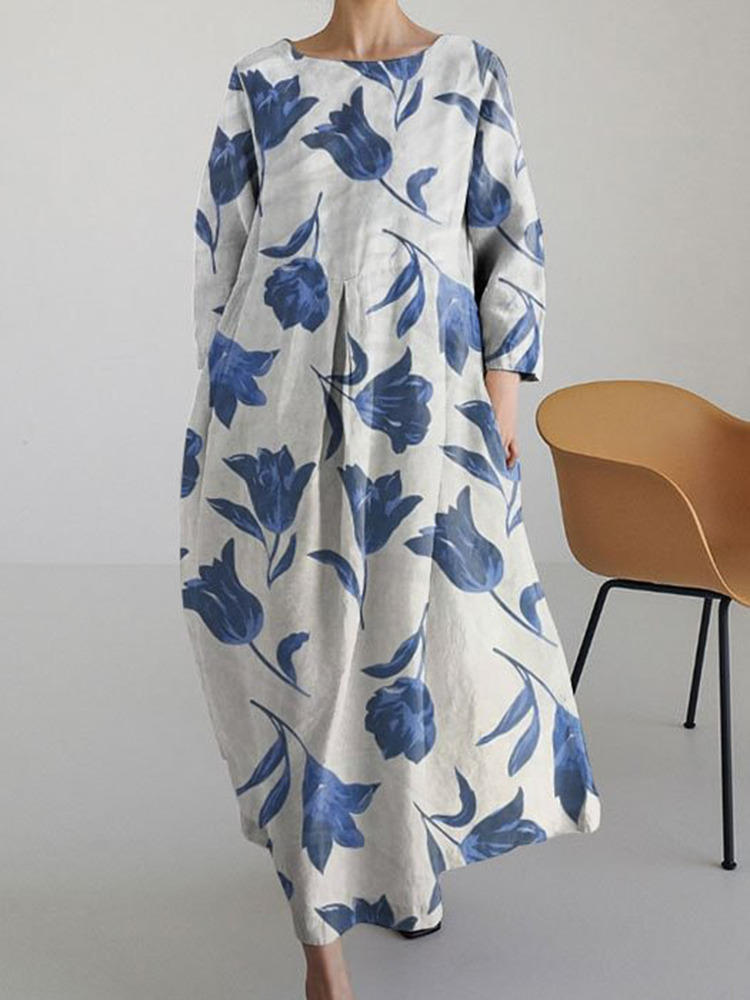 Comstylish Vintage Floral Print Long Sleeve Loose Dress