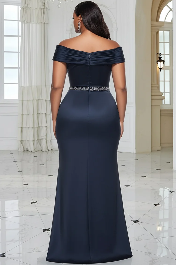 Xpluswear Design Plus Size Formal Navy Blue Off The Shoulder Split Elegant 3D Satin Maxi Dresses [Pre-Order]