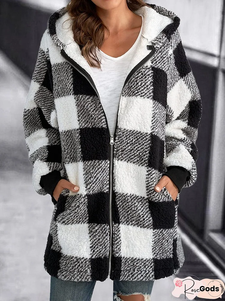 Hoodie Plaid Loose Overcoat