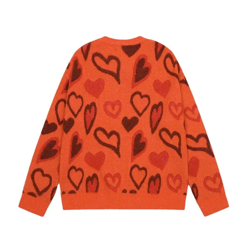Churchf Churchf Quality New Embroidered Letters Love Peach Heart Jacquard Sweater Retro Loose Casual Men And Women's Sweater Trend